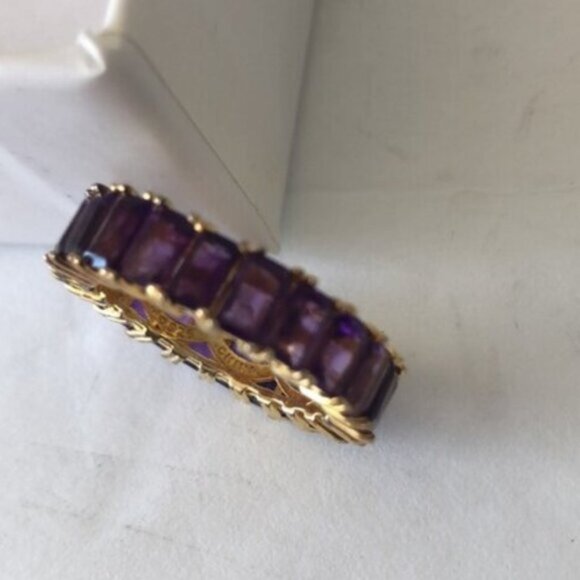 Emerald Cut Band Gold Plated Sterling Silver 925 Gen Amethyst Purple Ring Sz.8 - Picture 13 of 16